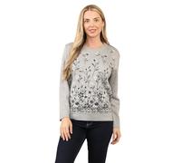 WearAll Women Long Sleeve Knitted Floral Crew Neck Jumper Ladies Jacquard Knit Sweater Pull Over Top Silver S/M