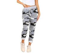 WearAll Women’s Camouflage Print Jogger Sweatpants Ribbed Waistband Trousers Ladies Causal Summer Joggers Drawstring Italian Gym Running Pants Grey 8-10