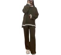 WearAll Women’s Stitched Knitted Oversized Winter Warm Jumper Top Wide Leg Trousers 2PCS Co-Ord Tracksuit Sets Ladies Long Sleeve Knitwear Set khaki L