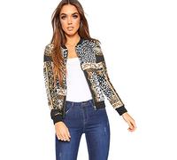 WearAll Women's Baroque Leopard Scarf Print Long Sleeve Zip Bomber Jacket Ladies Coat Top - Black White - 8-10