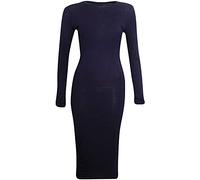 WearAll Womens Bodycon Stretch Plain Long Sleeve Ladies Round Neck Midi Dress 8-14