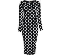 WearAll Womens Bodycon Stretch Plain Long Sleeve Ladies Round Neck Midi Dress - Polka Dot 8-10