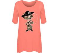 WearAll Womens Cat Animal Print Short Sleeve Plus Size Diamante Ladies Flared Top - Coral - 22/24