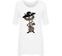 WearAll Womens Cat Animal Print Short Sleeve Plus Size Diamante Ladies Flared Top - White - 26/28
