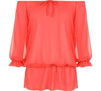 WearAll Women's Chiffon Gypsy Boho Sheer 3/4 Sleeve Off Shoulder Top - Coral - 26-28