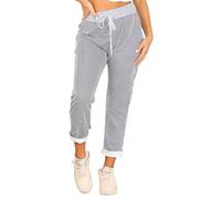WearAll Women's Denim Jogger Sweatpants with Drawstring Casual Summer Gym Trousers Ribbed Waistband Multi Floral and Tartan Prints Italian Cotton Exercise and Jogging Bottoms Thin Navy Stripe 16-18