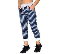 WearAll Women's Denim Jogger Sweatpants with Drawstring Casual Summer Gym Trousers Ribbed Waistband Multi Floral and Tartan Prints Italian Cotton Exercise and Jogging Bottoms Navy Stripe 16-18