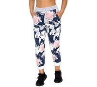 WearAll Women's Denim Jogger Sweatpants with Drawstring Casual Summer Gym Trousers Ribbed Waistband Multi Floral and Tartan Prints Italian Cotton Exercise and Jogging Bottoms Big Rose Navy 20-22