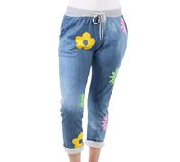 WearAll Women's Denim Jogger Sweatpants with Drawstring Casual Summer Gym Trousers Ribbed Waistband Multi Floral and Tartan Prints Italian Cotton Exercise and Jogging Bottoms Dark Denim 20-22