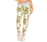 WearAll Women's Denim Jogger Sweatpants with Drawstring Casual Summer Gym Trousers Ribbed Waistband Multi Floral and Tartan Prints Italian Cotton Exercise and Jogging Bottoms Sunflower Print 8-10