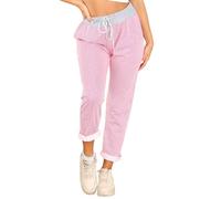 WearAll Women's Denim Jogger Sweatpants with Drawstring Casual Summer Gym Trousers Ribbed Waistband Multi Floral and Tartan Prints Italian Cotton Exercise and Jogging Bottoms Pink Stripe 16-18