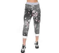 WearAll Women's Denim Jogger Sweatpants with Drawstring Casual Summer Gym Trousers Ribbed Waistband Multi Floral and Tartan Prints Italian Cotton Exercise and Jogging Bottoms Floral Print Black 16-18