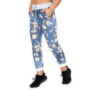 WearAll Women's Denim Jogger Sweatpants with Drawstring Casual Summer Gym Trousers Ribbed Waistband Multi Floral and Tartan Prints Italian Cotton Exercise and Jogging Bottoms Rose Dark Denim 20-22