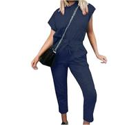 WearAll Women's Dogtooth Print and Plain Boxy Loungewear 2 Piece Top and Pants Co-ord Set Elasticated Waist with Pockets Comfortable Casual Outfit for Home and Errands Suit Plus Size Navy - 12-14