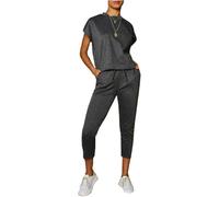 WearAll Women's Dogtooth Print and Plain Boxy Loungewear 2 Piece Top and Pants Co-ord Set Elasticated Waist with Pockets Comfortable Casual Outfit for Home and Errands Suit Plus Size Charcoal-20-22