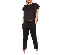 WearAll Women's Dogtooth Print and Plain Boxy Loungewear 2 Piece Top and Pants Co-ord Set Elasticated Waist with Pockets Comfortable Casual Outfit for Home and Errands Suit Plus Size Black - 16-18