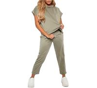 WearAll Women's Dogtooth Print and Plain Boxy Loungewear 2 Piece Top and Pants Co-ord Set Elasticated Waist with Pockets Comfortable Casual Outfit for Home and Errands Suit Plus Size Khaki - 8-10