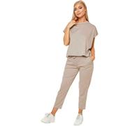 WearAll Women's Dogtooth Print and Plain Boxy Loungewear 2 Piece Top and Pants Co-ord Set Elasticated Waist with Pockets Comfortable Casual Outfit for Home and Errands Suit Plus Size Stone - 16-18