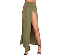 WearAll Womens Double Split Maxi Long Skirt Ladies Plain Basic Two Side Slit - Khaki Green - 16-18