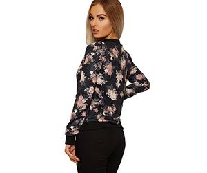 WearAll Women's Floral Bomber Jacket Ladies Long Sleeve Rose Print Zip Crew Neck - Black