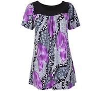 WearAll Womens Floral Print Ladies Short Sleeves Stretch Round Scoop Neckline Long Smock Tunic T-Shirt Top Plus Size