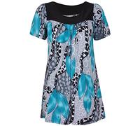WearAll Womens Floral Print Ladies Short Sleeves Stretch Round Scoop Neckline Long Smock Tunic T-Shirt Top Plus Size Turquoise 26-28