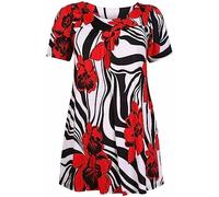 WearAll Womens Floral Print Ladies Short Sleeves Stretch Round Scoop Neckline Long Smock Tunic T-Shirt Top Plus Size Zebra Floral 26-28