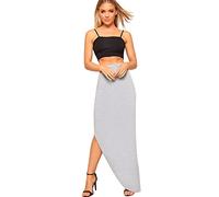 WearAll Women's Full Length Side Split Slit Maxi Skirt Ladies Plain Basic Lined Ruched - Light Grey - 12-14