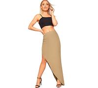 WearAll Women's Full Length Side Split Slit Maxi Skirt Ladies Plain Basic Lined Ruched - Mocha - 12-14