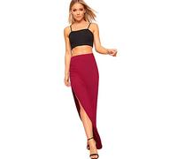 WearAll Women's Full Length Side Split Slit Maxi Skirt Ladies Plain Basic Lined Ruched - Wine - 12-14