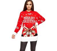 WearAll Women's Knitted Merry Christmas Long Sleeve Xmas Tree Ladies Pom Jumper Merry Christmas Red 12-14