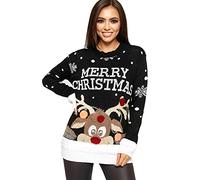WearAll Women's Knitted Merry Christmas Xmas Snowflake Ladies Reindeer Pom Jumper - Black - 20-22