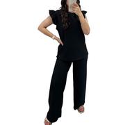 WearAll Womens Ladies Cheesecloth Frill Sleeve Top Trouser Co-Ord Pop Corn Top and Wide Leg Trousers 2 Pcs LoungeWear Set Black 8-10