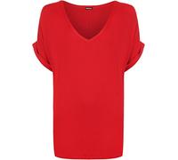 WearAll Women's New Plus Size Womens Short Turn Up Sleeve Baggy Plain Top Ladies V-Neck T-Shirt - Red - 16-18
