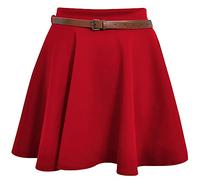 WearAll Women's Plain and Check Tartan Print Belted Skirt Elasticated Waist Stretch Flippy Short Flared Mini Skater Red 24-26