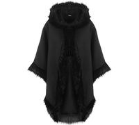 WearAll Women's Plain Faux Fur Trim Hood Cape Shawl Cloak Poncho Coat Top - Black - One Size