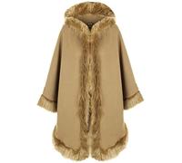 WearAll Women's Plain Faux Fur Trim Hood Cape Shawl Cloak Poncho Coat Top - Camel - One Size