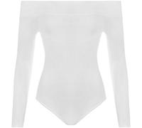 WearAll Womens Plain Off Shoulder Long Sleeve Leotard Ladies Top Bodysuit - White - 12-14