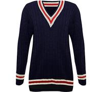 WearAll Womens Plus Cable Knitted Cricket Stripe Ladies Long Sleeve V Neck Jumper - Navy Blue - 16-18