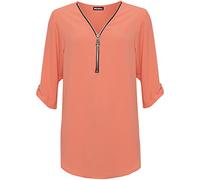 WearAll Women's Plus Curved Hem Crepe Top Ladies Zip Up V Neck 3/4 Sleeve Plain - Coral - 16
