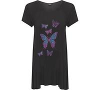 WearAll Womens Plus Diamante Butterfly Top Ladies Hanky Hem Short Sleeve Flared T-Shirt - Black - 18