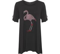WearAll Womens Plus Diamante Flamingo Top Ladies Print Short Sleeve Swing Flared T-Shirt - Black - 14