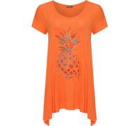WearAll Womens Plus Diamante Pineapple Top Ladies Hanky Hem Short Sleeve Flared Top - Orange - 18