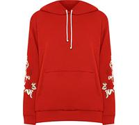 WearAll Women's Plus Floral Embroidered Pouch Pocket Long Sleeve Sweatshirt Ladies Hoodie - Red - 18-20