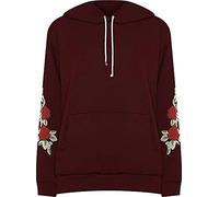 WearAll Women's Plus Floral Embroidered Pouch Pocket Long Sleeve Sweatshirt Ladies Hoodie - Wine - 22-24