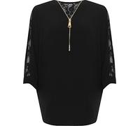WearAll Women's Plus Floral Lace Back Zip V-Neck Batwing Sleeve Crepe Ladies Chiffon Top - Black - 12-14