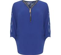 WearAll Women's Plus Floral Lace Back Zip V-Neck Batwing Sleeve Crepe Ladies Chiffon Top - Royal Blue - 16-18