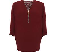 WearAll Women's Plus Floral Lace Back Zip V-Neck Batwing Sleeve Crepe Ladies Chiffon Top - Wine - 16-18