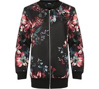 WearAll Women's Plus Floral Print Bomber Jacket Ladies Long Sleeve Zip Crew Neck - Black - 14