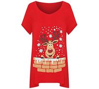 WearAll Women's Plus Short Sleeve Reindeer Snowflake Hanky Hem Long Top Ladies T-Shirt - Red - 22-24